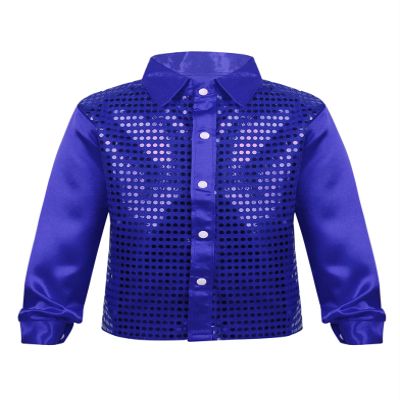 Xnihocha Kids Boys Glittery Sequin Long Sleeve Spread Collar Shirt for Choir Jazz Dance Stage Performance Blue 7-8 Years