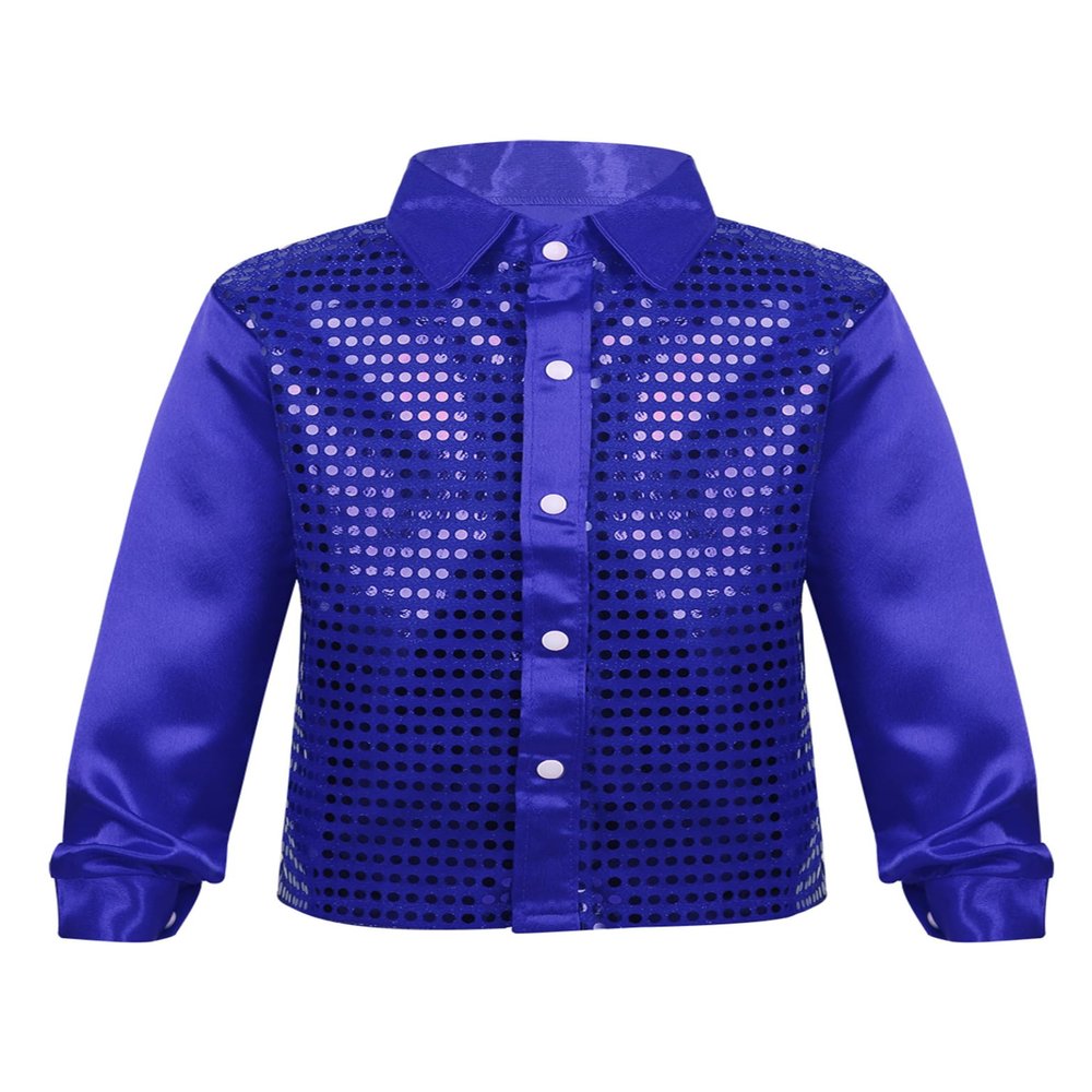 Xnihocha Kids Boys Glittery Sequin Long Sleeve Spread Collar Shirt for Choir Jazz Dance Stage Performance Blue 7-8 Years