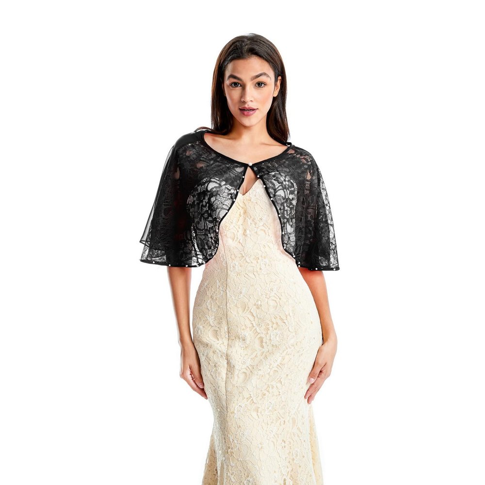 Lifup Women's Soft Chiffon Lace Shawls Wraps with Buckle for Wedding Evening Dress Wedding Cape Bolero Cover Up Black