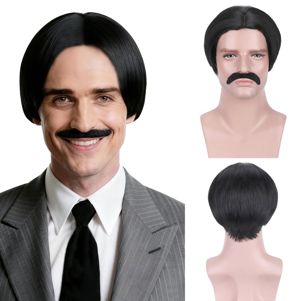 RightOn Men's Black Wig Short Black Wig and Mustache Black Bob Wigs for Men Halloween Party Costume Wigs