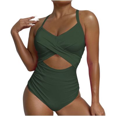 Akklian Women Ruched Wrap V Neck Cut Out One Piece Slimming Swimsuit High Waisted Monokini Tummy Control Bathing Suit