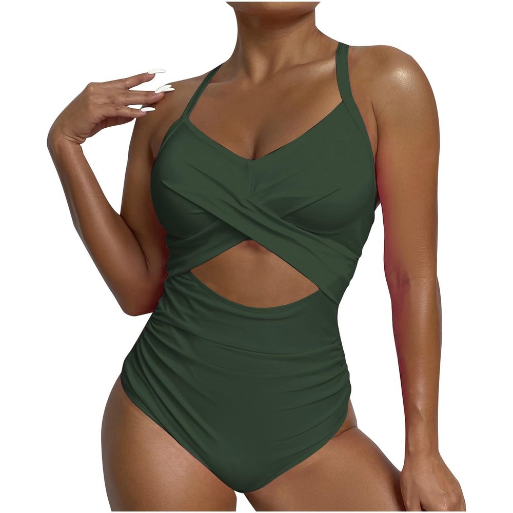 Akklian Women Ruched Wrap V Neck Cut Out One Piece Slimming Swimsuit High Waisted Monokini Tummy Control Bathing Suit
