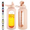 CIVAGO 40 oz Glass Water Bottle with Straw and Handle, Large Sports Motivational Water Bottle Flask with Time Marker and 2 Lids, Leakproof Water Jug Canteen with Silicone Sleeve for Gym,Beige view 1