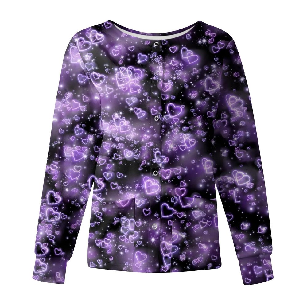Printed Scrub Jackets for Woman Print Long Sleeve Plus Size Womens Scrubs for Women Nursing Jacket with Pockets Purple 2XL