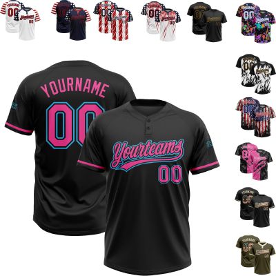 Fanscustom Customize Black Two Button Baseball Jerseys Blue Pink Name and Number Personalized Baseball Tee Shirts Black Sports Uniforms Stitched Name Number Logo for Unisex Youth Kids Plus Size