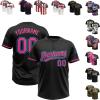 Fanscustom Customize Black Two Button Baseball Jerseys Blue Pink Name and Number Personalized Baseball Tee Shirts Black Sports Uniforms Stitched Name Number Logo for Unisex Youth Kids Plus Size