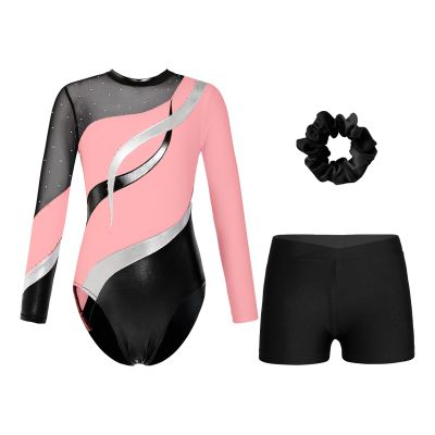 FEESHOW Girls Kids Sequin Metallic Gymnastics Leotard with Shorts Outfits 2pcs Athletic Bodysuit Pink&Black C 16 Years