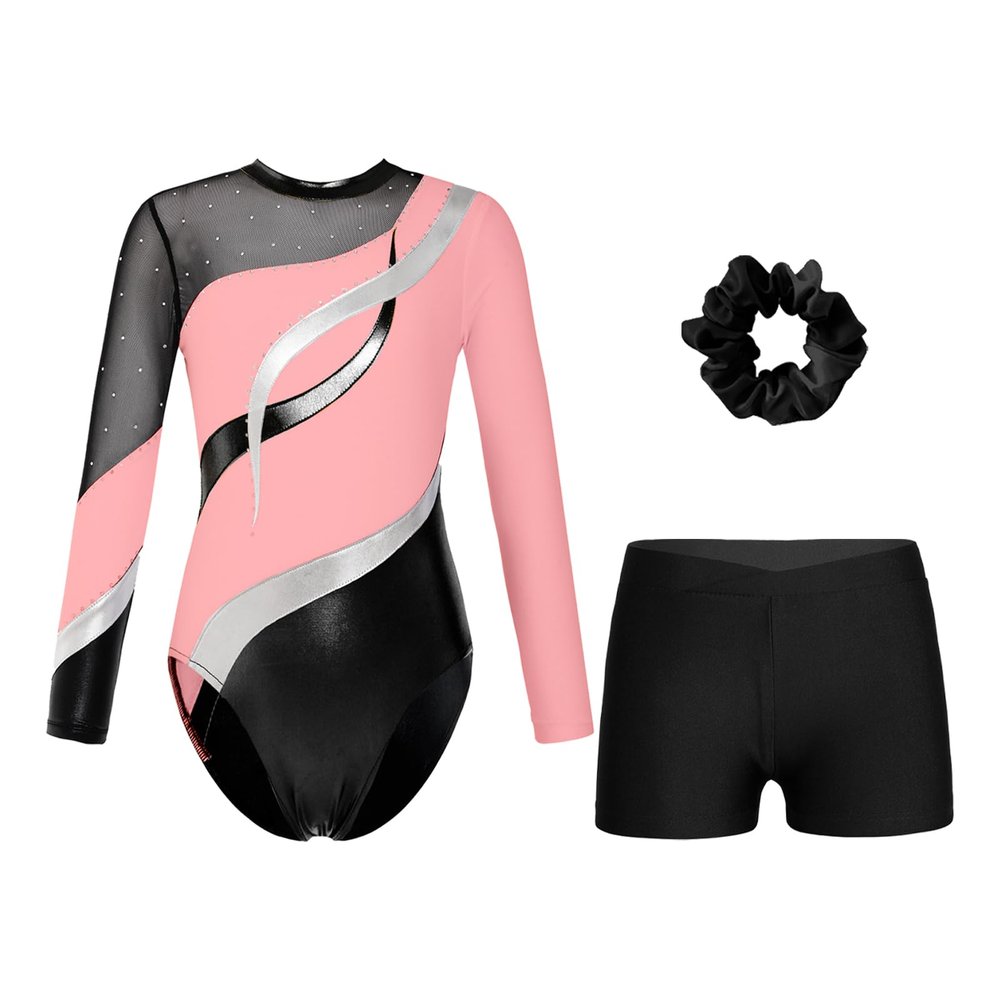 FEESHOW Girls Kids Sequin Metallic Gymnastics Leotard with Shorts Outfits 2pcs Athletic Bodysuit Pink&Black C 16 Years