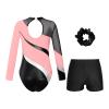 FEESHOW Girls Kids Sequin Metallic Gymnastics Leotard with Shorts Outfits 2pcs Athletic Bodysuit Pink&Black C 16 Years view 2