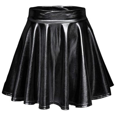 crazynekos Women's Shiny Metallic Wet Look Stretchy Flared Mini Skater Skirt (Black,L,Large,Regular,Regular)