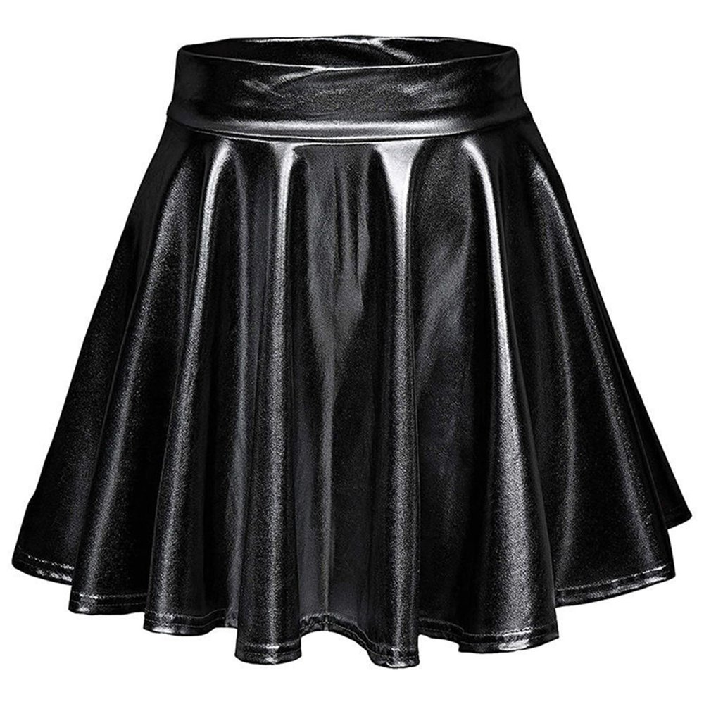 crazynekos Women's Shiny Metallic Wet Look Stretchy Flared Mini Skater Skirt (Black,L,Large,Regular,Regular)