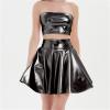 crazynekos Women's Shiny Metallic Wet Look Stretchy Flared Mini Skater Skirt (Black,L,Large,Regular,Regular) view 2