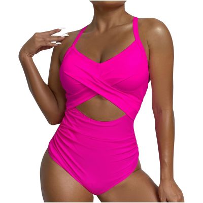 Akklian Women Ruched Wrap V Neck Cut Out One Piece Slimming Swimsuit High Waisted Monokini Tummy Control Bathing Suit