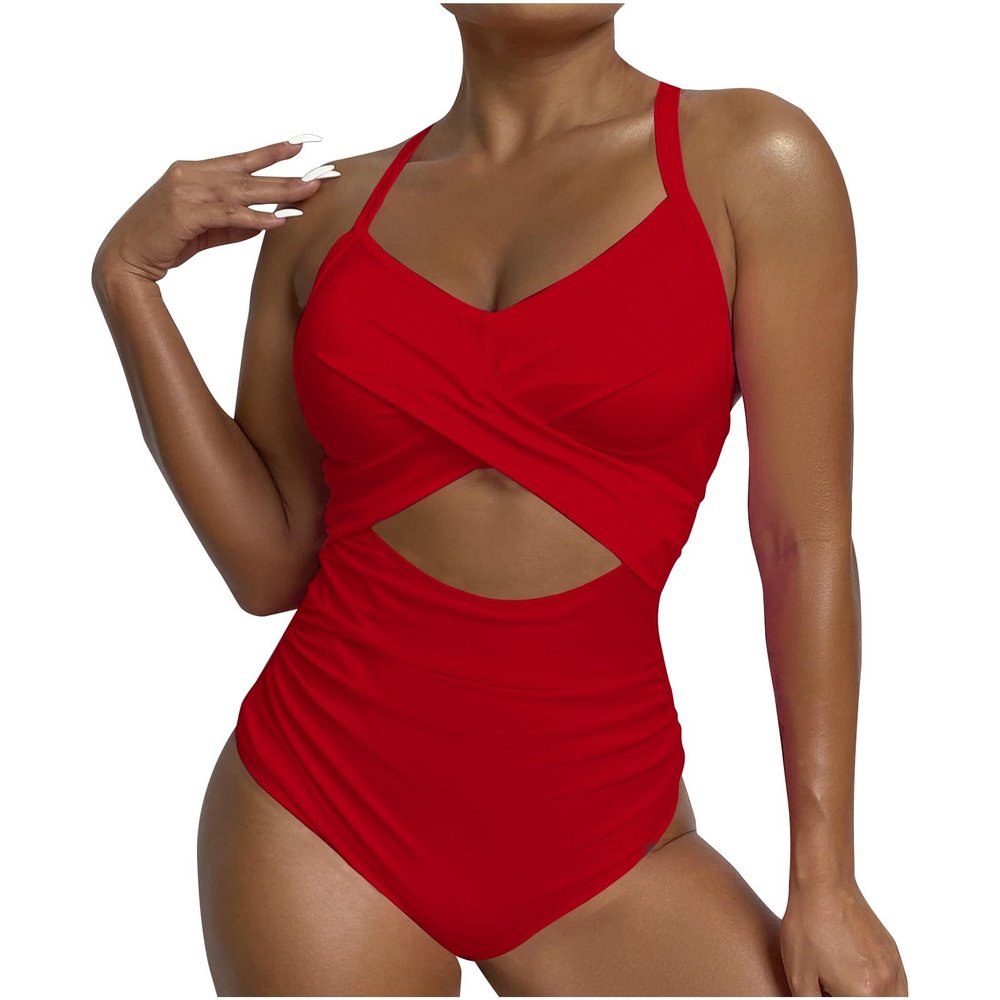 Akklian Women Ruched Wrap V Neck Cut Out One Piece Slimming Swimsuit High Waisted Monokini Tummy Control Bathing Suit