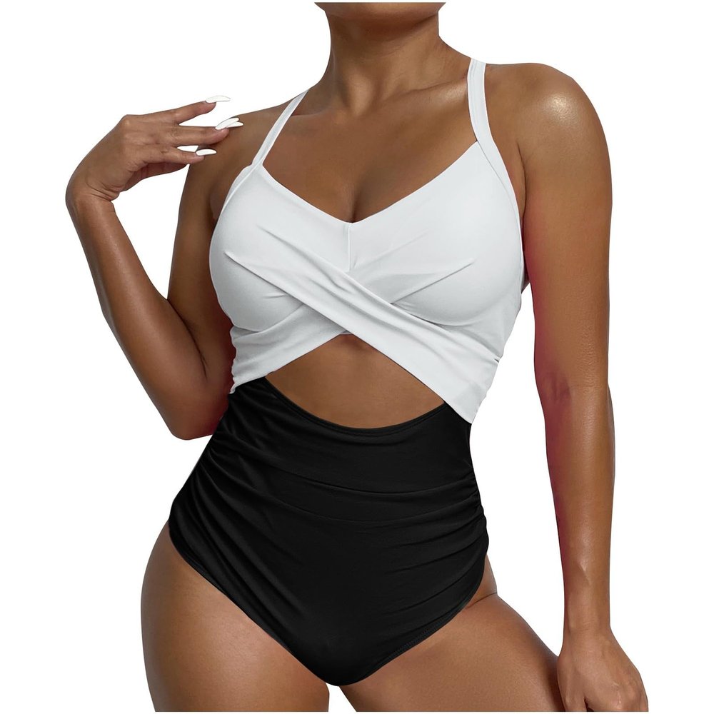 Akklian Women Ruched Wrap V Neck Cut Out One Piece Slimming Swimsuit High Waisted Monokini Tummy Control Bathing Suit