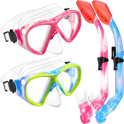 2 Sets Snorkeling Gear for Kids, Kids Snorkel Set for Ages 6-14, Dry Top Snorkel Mask Set for Youth Boys Girls Junior, Tempered Glass Diving Swimming Mask Goggles