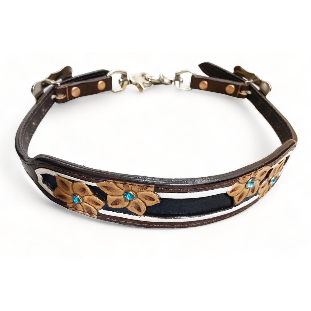 Decorated Horse Wither Strap, Adjustable 23-30" Long x 1.75" Wide, Flower Carving & Turquoise Stone Inlay by MOUSM