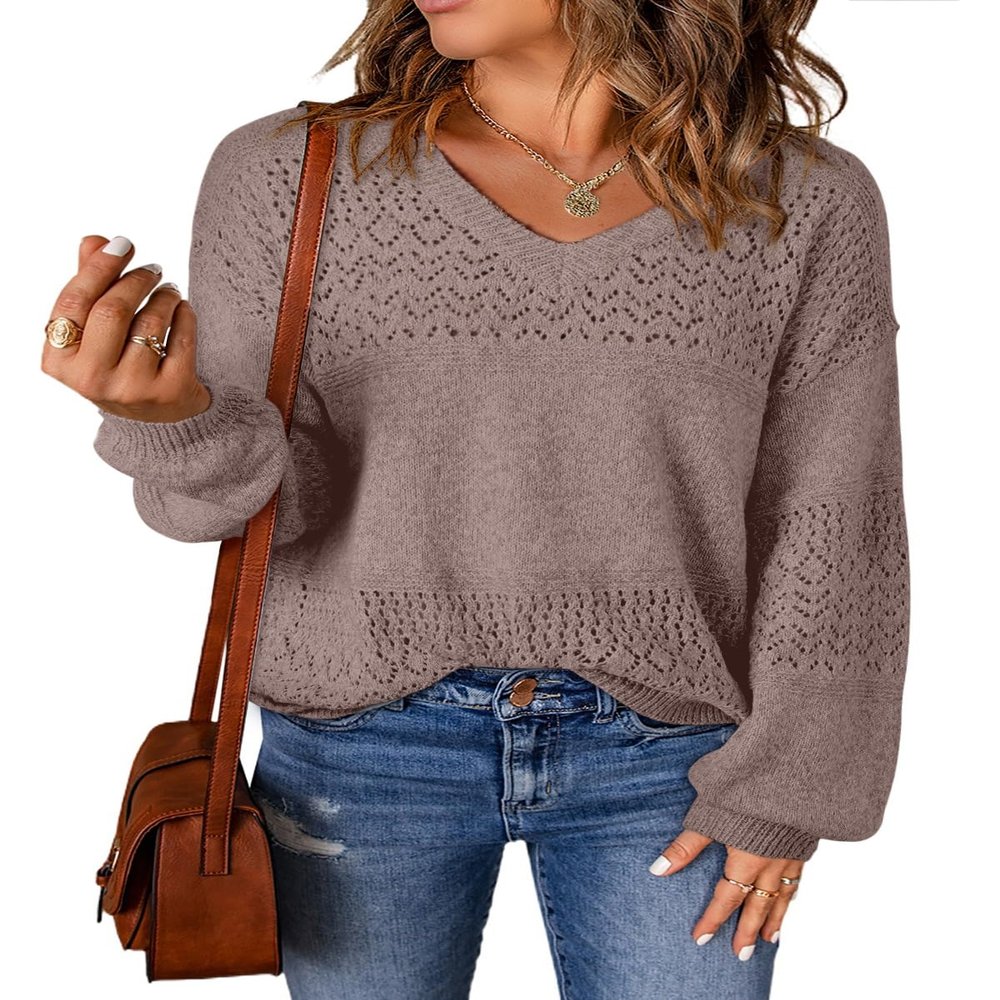 SHEWIN Oversized Sweaters for Women Lightweight Casual Long Sleeve V Neck Crochet Sweater Womens Tops Cable Knit Spring Clothes for Women 2025 B Apricot Pink XX-Large