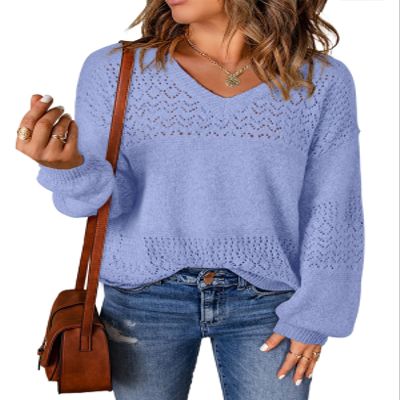 SHEWIN Sweaters for Women Casual Long Sleeve V Neck Lightweight Crochet Sweater Hollow Out Cable Knit Pullover Jumper Solid Womens Spring Tops B Sky Blue Small