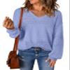 SHEWIN Sweaters for Women Casual Long Sleeve V Neck Lightweight Crochet Sweater Hollow Out Cable Knit Pullover Jumper Solid Womens Spring Tops B Sky Blue Small view 1