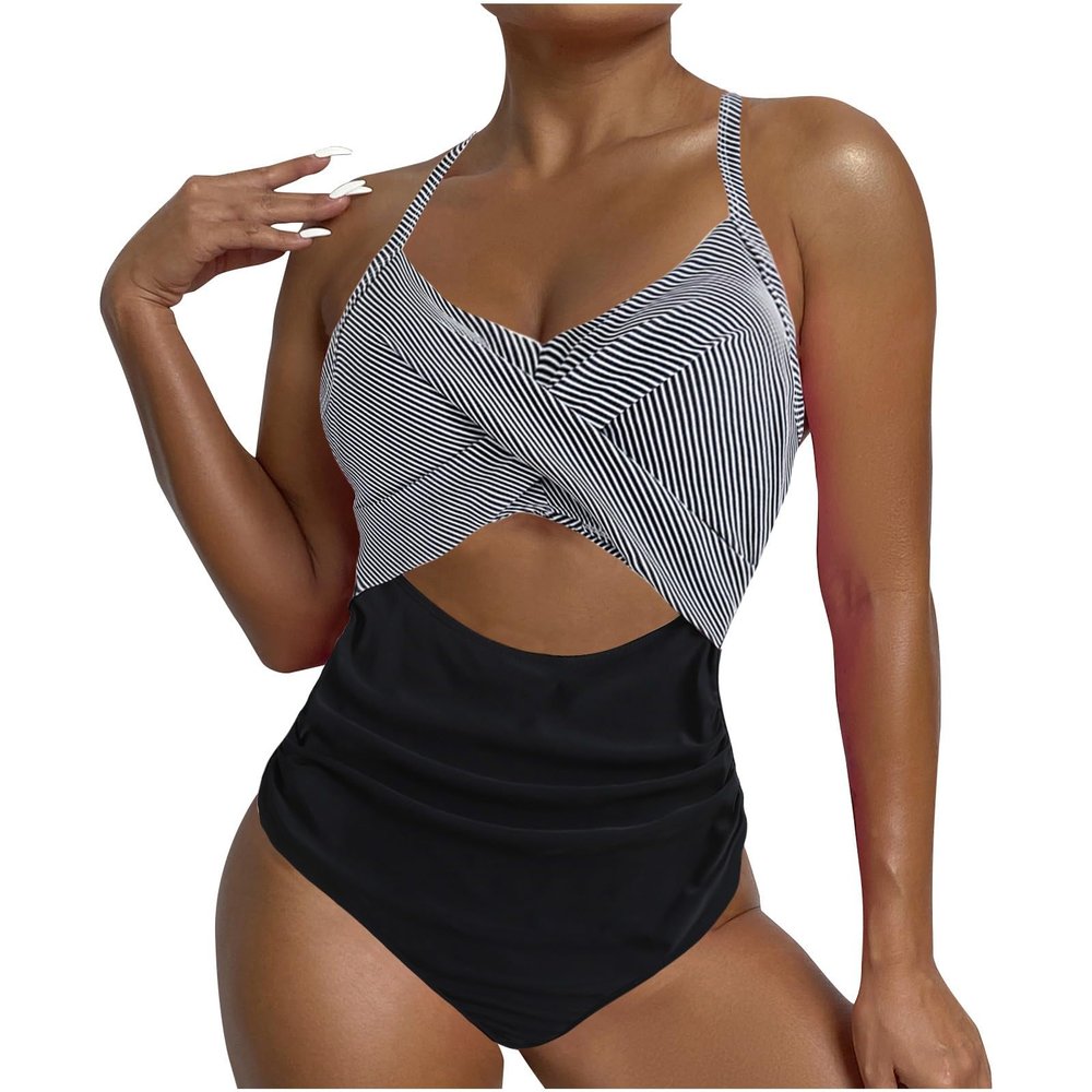 Akklian Women Ruched Wrap V Neck Cut Out One Piece Slimming Swimsuit High Waisted Monokini Tummy Control Bathing Suit