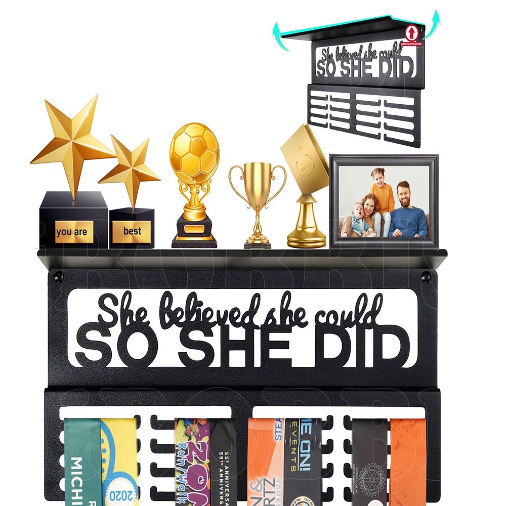 iBobbish Non-Slip She Believed She Could SO SHE DID Medal Hanger Display Trophy Shelf,Medal Hanger Display For Wall,Race Medal Display Upgraded Medal Holder Display For gymanstics,race,soccer,swim