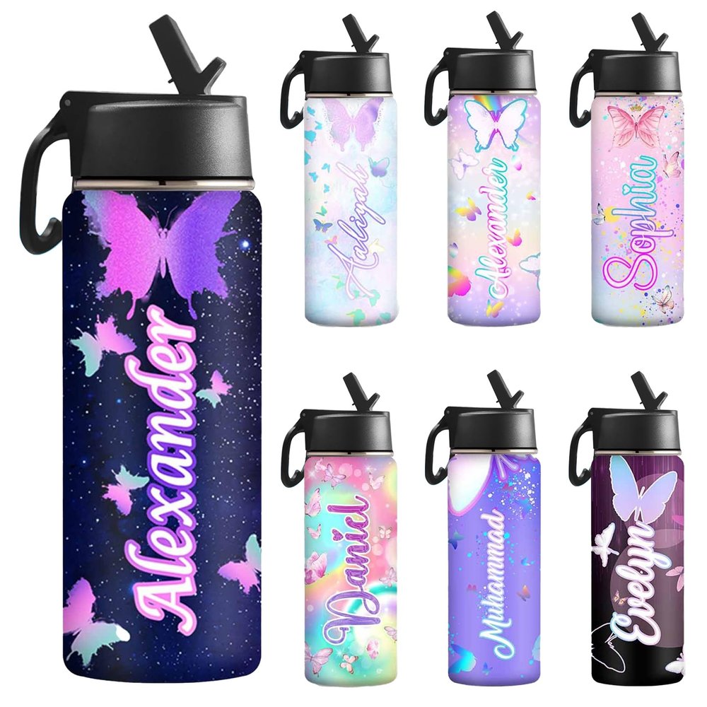 Cute Butterfly Water Bottle for Girls Daughter Granddaughter, Customized Double Wall Vacuum Insulated Mug with Name Text, Birthday Mothers Day Gifts for Mom Women