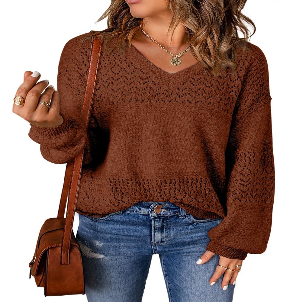 SHEWIN Sweaters for Women Casual Long Sleeve V Neck Lightweight Crochet Sweater Hollow Out Cable Knit Pullover Jumper Solid Womens Spring Tops B Coffee Small