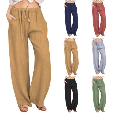 Generic Women's Cotton Linen Pants,2024 Summer Wide Leg Casual Loose Lightweight Flowy Beach Pants,Plus Size Drawstring High Waist Palazzo Trousers Pants with Pockets Vacation Outfits(A-Khaki,M)