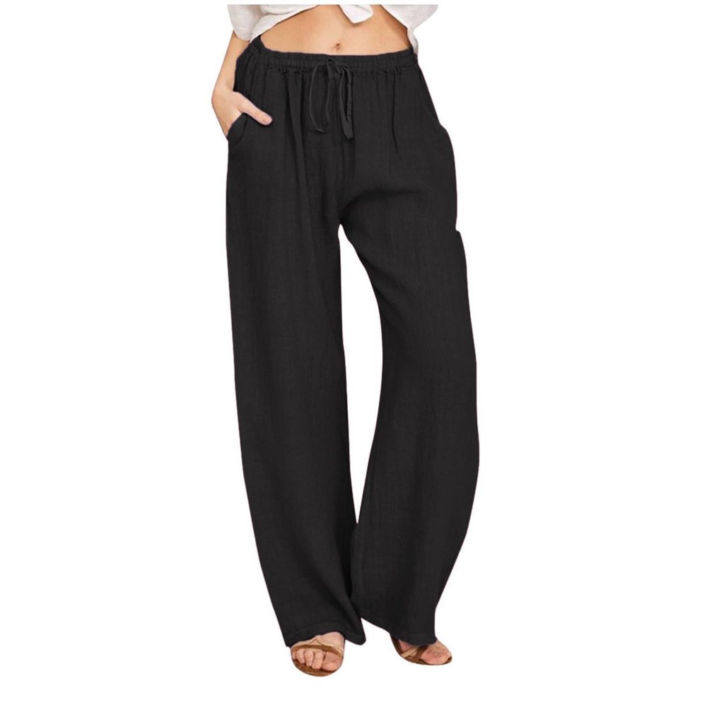NineFit Basics Women's Cotton Linen Pants,2024 Summer Wide Leg Casual Loose Lightweight Flowy Beach Pants,Plus Size Drawstring High Waist Palazzo Trousers Pants with Pockets Vacation Outfits(A-Black,L)