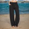 NineFit Basics Women's Cotton Linen Pants,2024 Summer Wide Leg Casual Loose Lightweight Flowy Beach Pants,Plus Size Drawstring High Waist Palazzo Trousers Pants with Pockets Vacation Outfits(A-Black,L) view 3