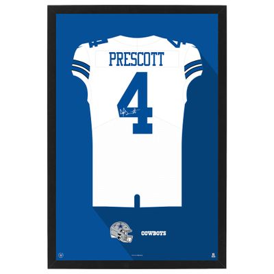 Sporticulture NFL American Football Dallas Cowboys - Dak Prescott Jersey Print Framed Wall Art Picture Poster for Boys Bedroom and Man Cave Decor - Ready to Hang, White 27" x 39", Large