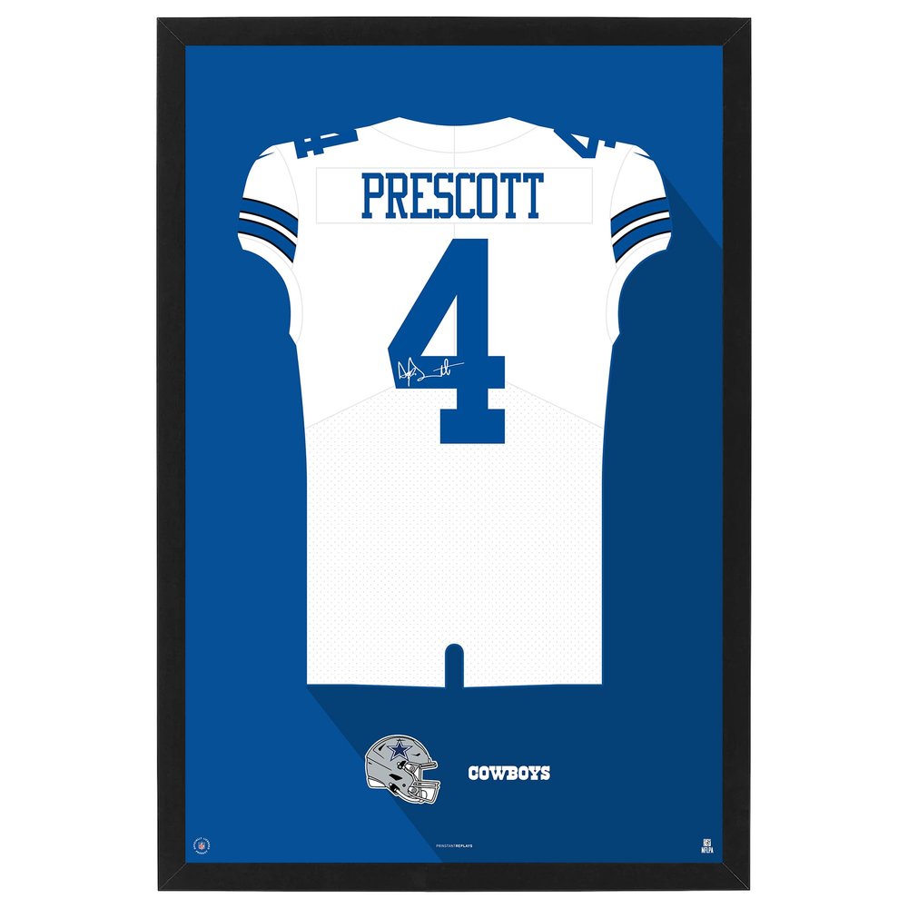 Sporticulture NFL American Football Dallas Cowboys - Dak Prescott Jersey Print Framed Wall Art Picture Poster for Boys Bedroom and Man Cave Decor - Ready to Hang, White 27" x 39", Large