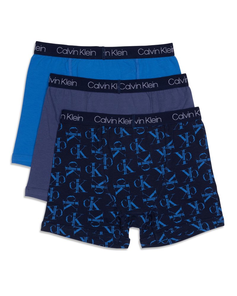 Calvin Klein Kids Boys' Modern Cotton Boxer Brief Underwear 3-Pack, Blue Ck Fractal/Blue Indigo/Captains Blue, Large