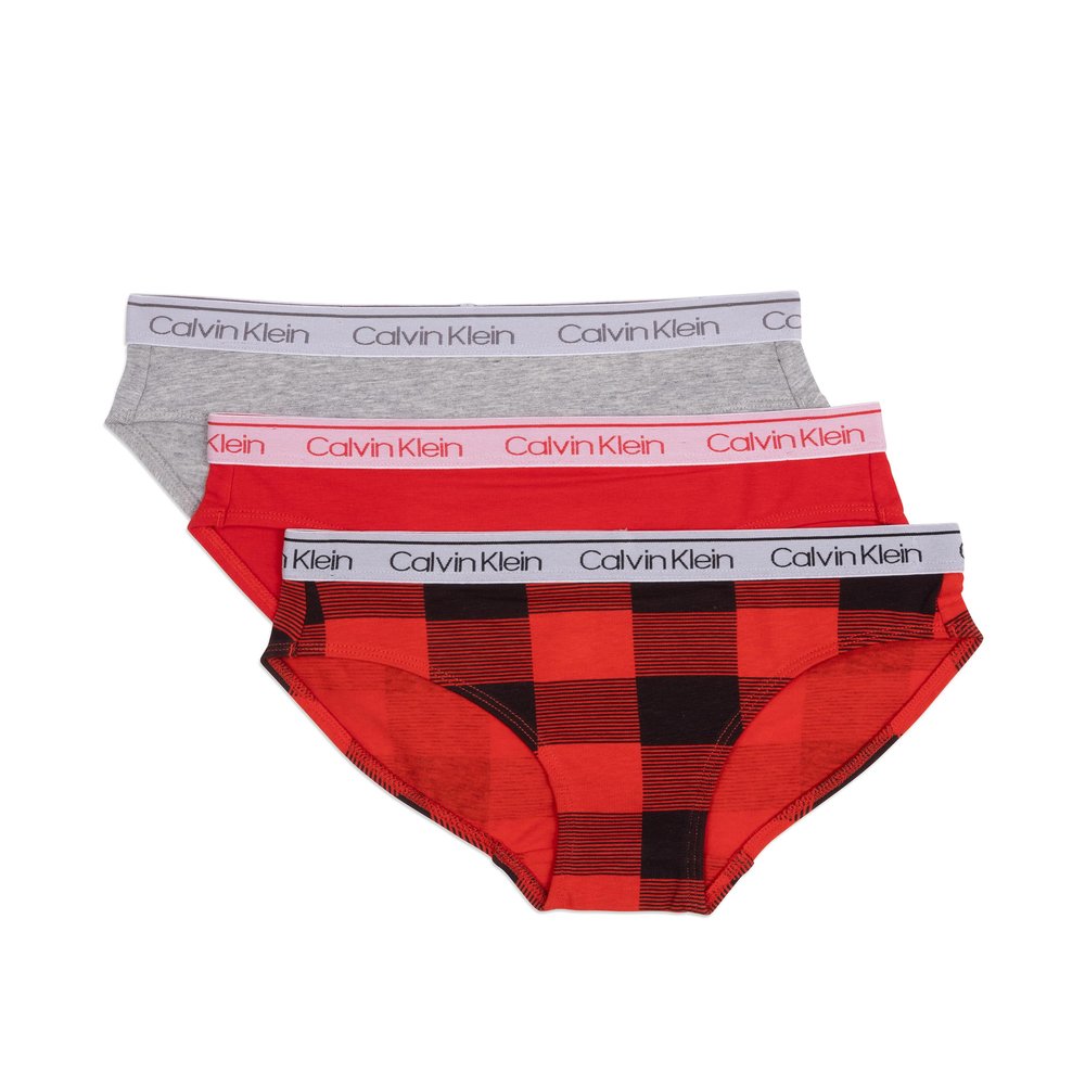 Calvin Klein Kids Girls' Modern Cotton Bikini Underwear 3-Pack, Red Buffalo Plaid/High Risk Red/Heather Gray, Medium