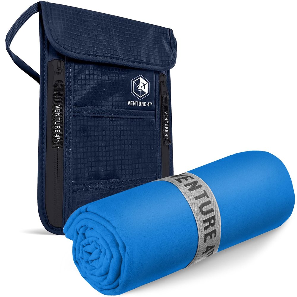 VENTURE 4TH Hidden Neck Pouch for Travel & Quick Dry Towel Set - Ideal Travel Bundle for Vacations, Backpacking and Business Trips - Travel Towel Size M
