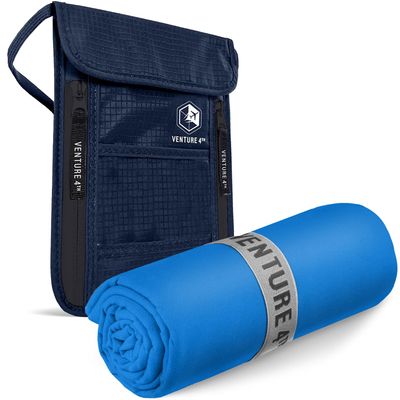 VENTURE 4TH Hidden Neck Pouch for Travel & Quick Dry Towel Set - Ideal Travel Bundle for Vacations, Backpacking and Business Trips - Travel Towel Size XL