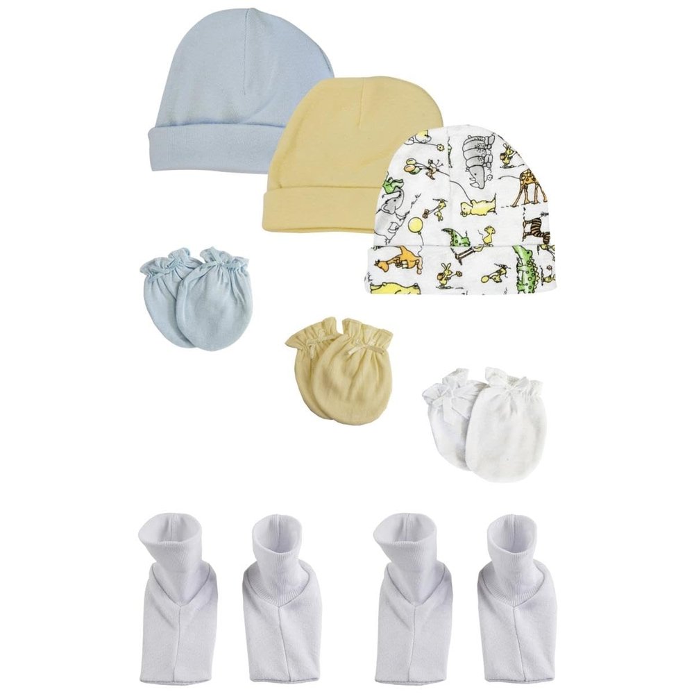 Bambini NC-0292 Boys Baby Caps Booties & Mittens White & Blue - Newborn - Pack of 8