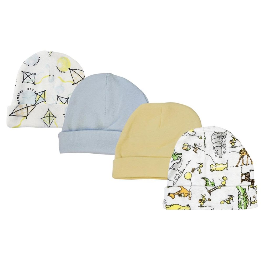 Bambini NC-0337 Baby Boys Caps White & Blue - Newborn - Pack of 4