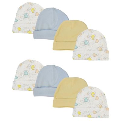 Bambini NC-0260 Boys Baby Caps White & Blue - Newborn - Pack of 8