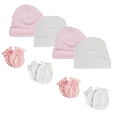 Bambini NC-0257 Baby Girls Cap & Infant Mittens Set White & Pink - Newborn - 8 Piece