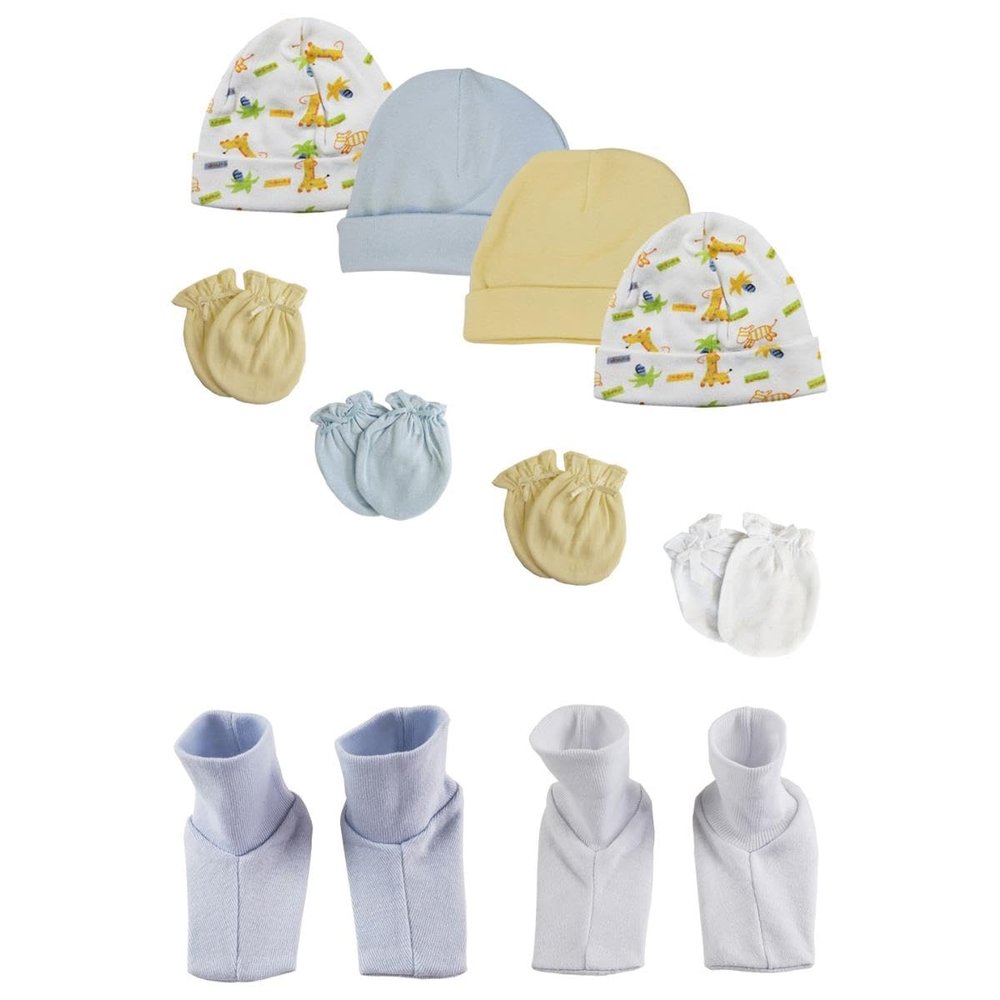 Bambini NC-0313 Baby Boy Infant Caps Booties & Mittens White & Blue - Newborn - Pack of 10
