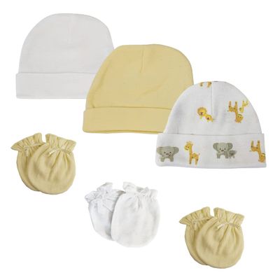 Bambini NC-0389 Baby Boy Baby Girl Unisex Infant Caps & Mittens White - Newborn - Pack of 6
