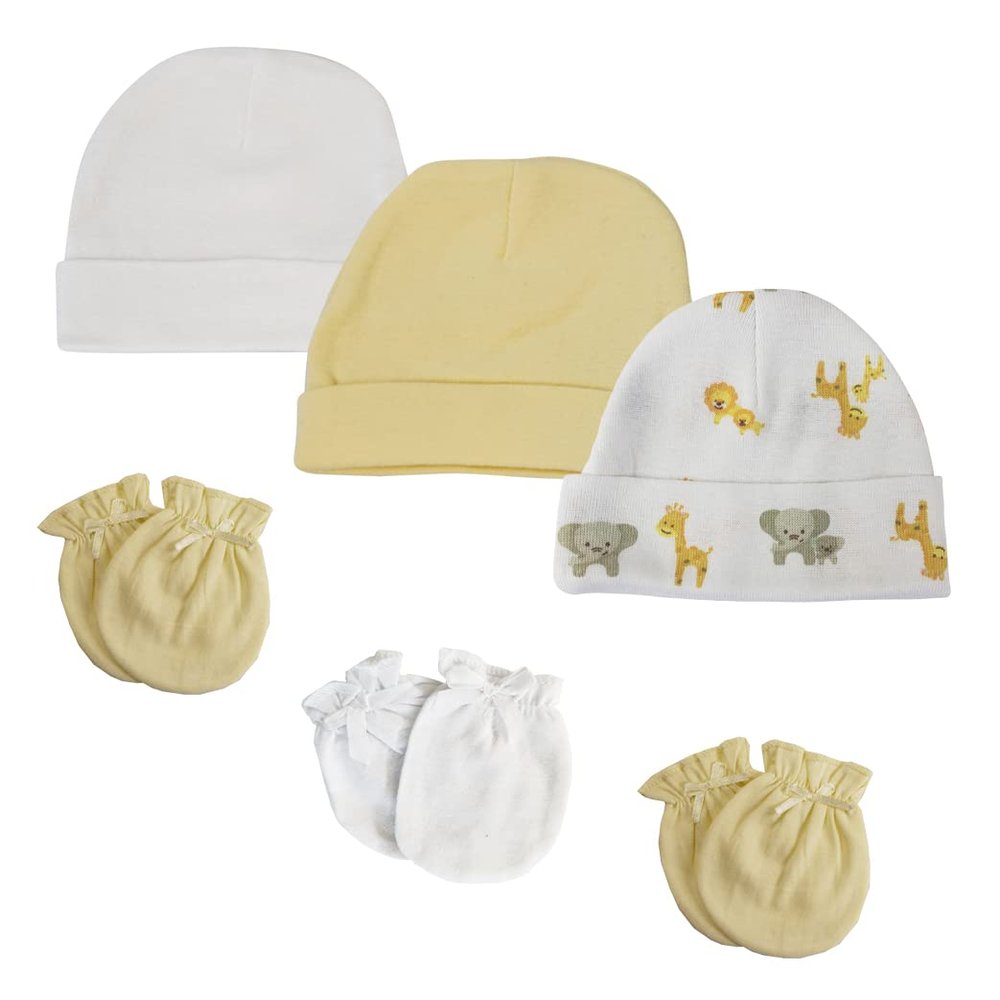Bambini NC-0389 Baby Boy Baby Girl Unisex Infant Caps & Mittens White - Newborn - Pack of 6