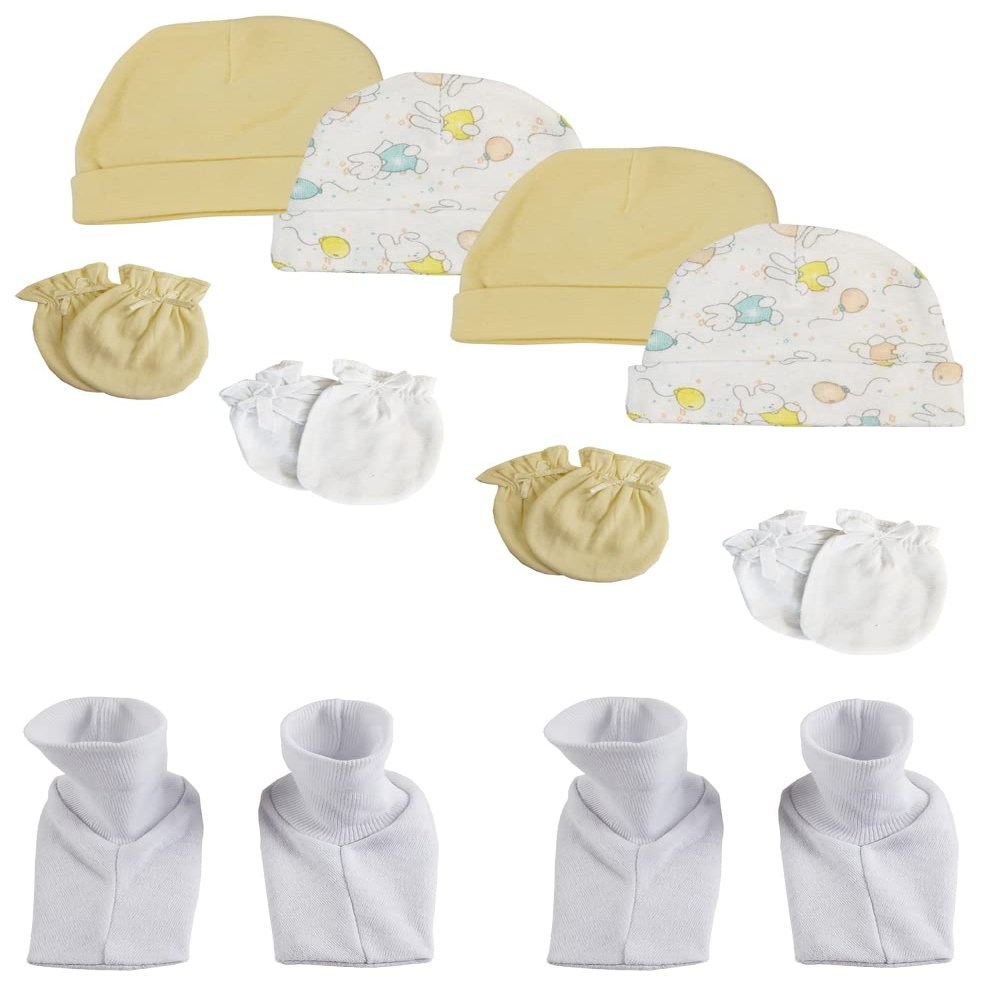Bambini NC-0284 Baby Boy Baby Girl Unisex Infant Caps Booties & Mittens White - Newborn - Pack of 10