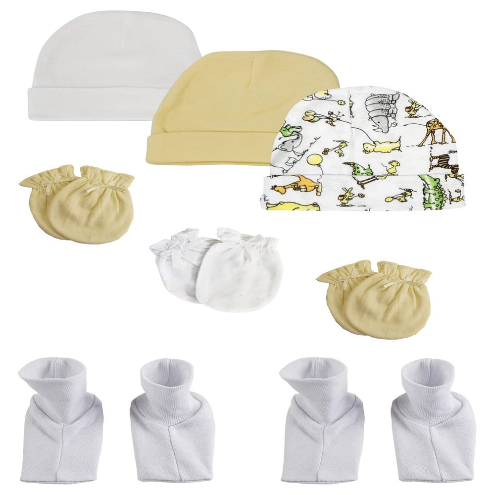Bambini NC-0303 Baby Boy Baby Girl Unisex Infant Caps Booties & Mittens White - Newborn - Pack of 8