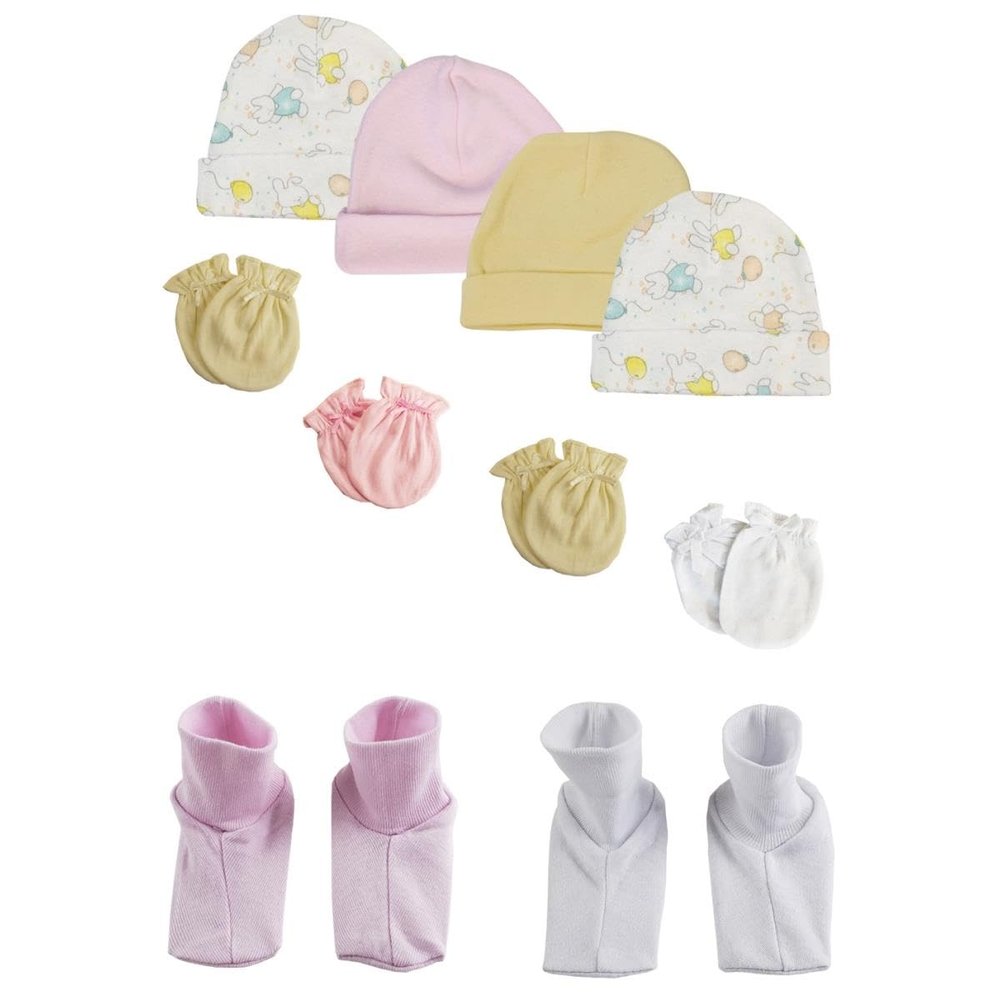 Bambini NC-0271 Girls Baby Caps Booties & Mittens White & Pink - Newborn - Pack of 10