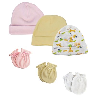 Bambini NC-0324 Baby Girl Infant Caps & Mittens White & Pink - Newborn - Pack of 6