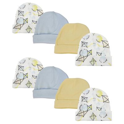 Bambini NC-0342 Baby Boys Caps White & Blue - Newborn - Pack of 8