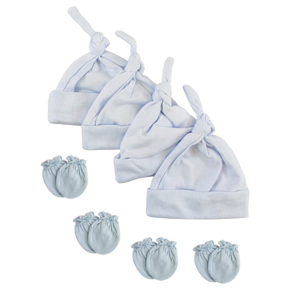 Bambini NC-0939 Boys Knotted Caps & Mittens Set White & Blue - Newborn - 8 Piece